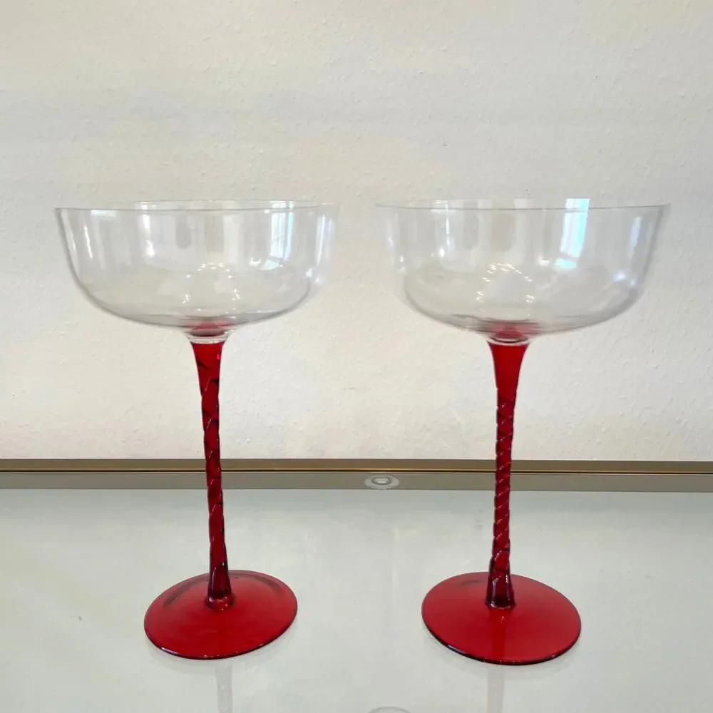Set of 2 Coupe Martini Glasses with Ruby Red Textured Long Stem NEW